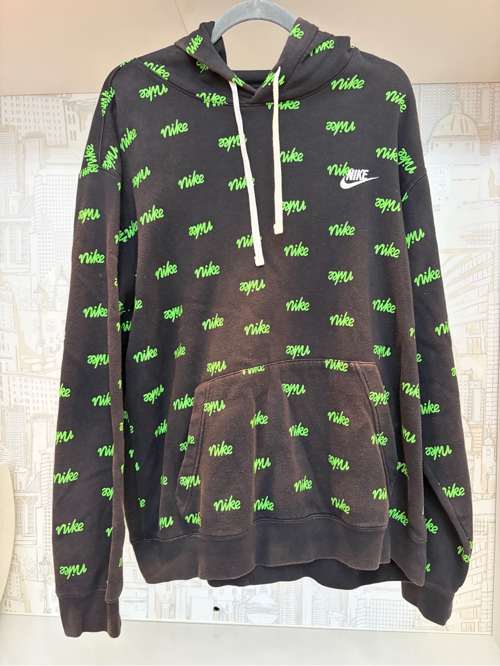 Nike Black Hoodie with Neon Green Allover Script - Men
